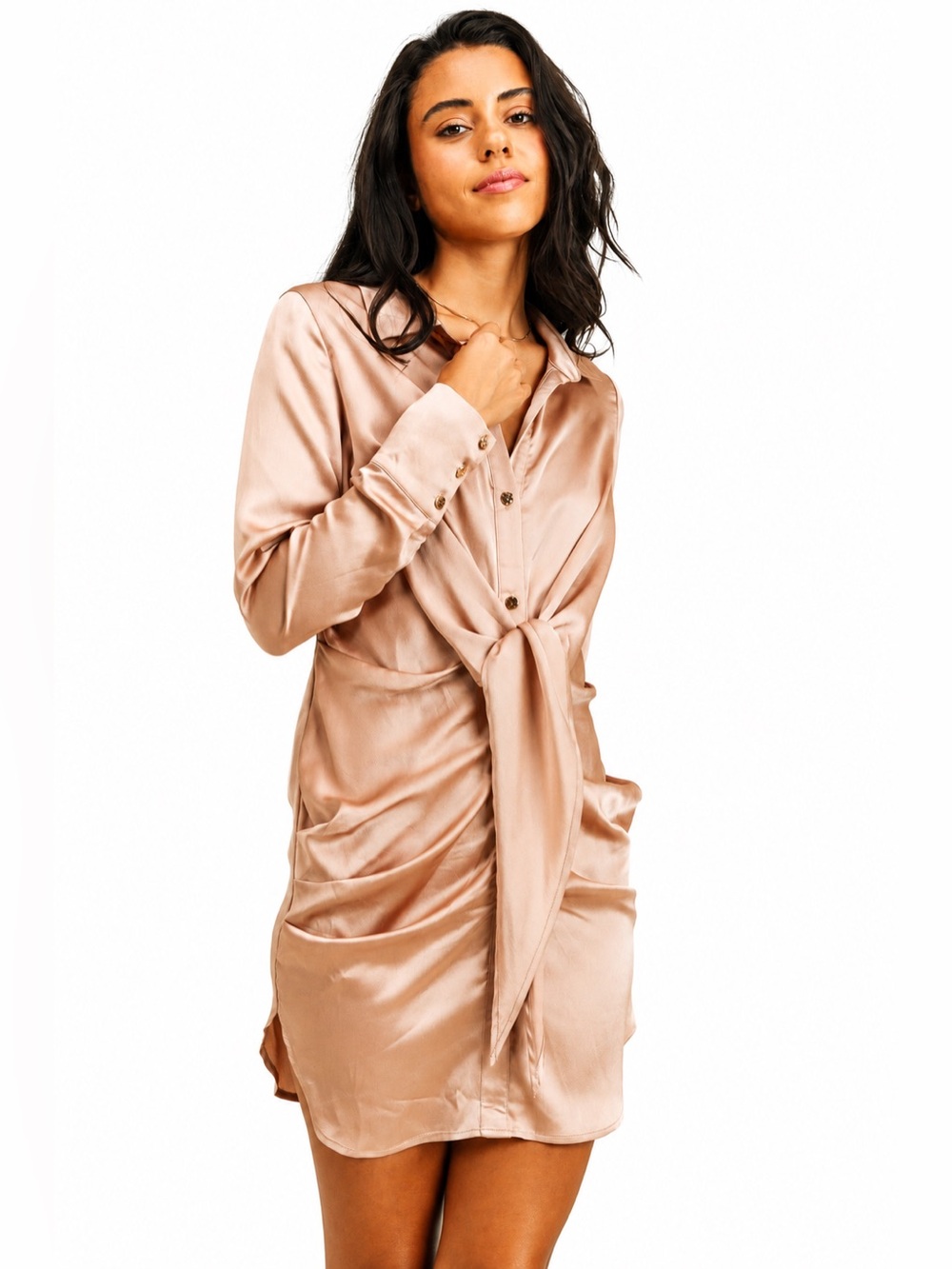 Mable Satin Tie-Front Satin Mini Dress in Blush